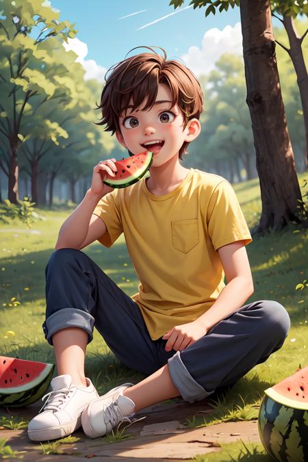 390095-937837084-masterpiece,best quality,ruit,1boy,solo,eating,holding watermelon,male focus,brown hair,yellow shirt,pants,holding,open mouth,si.png